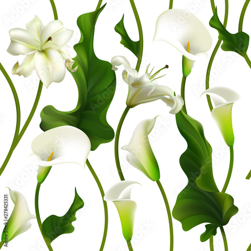 Flowers. Floral background. Seamless pattern. Callas. Lilies. Green leaves. White.