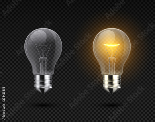Realistic light bulb. Glowing yellow and white incandescent filament lamps, electricity on and of template. Vector 3D light bulbs set - creativity idea business innovation, on transparent background