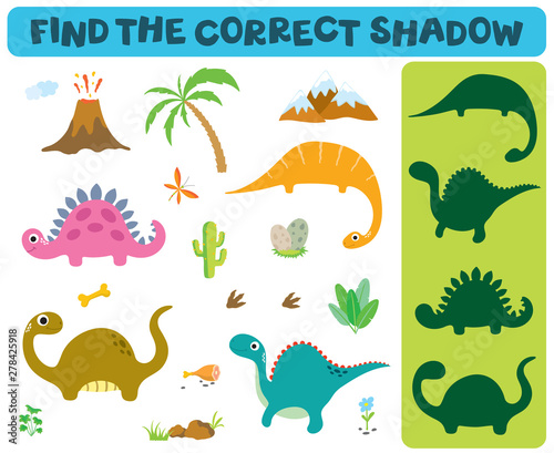 Find the correct shadow. Adorable dinosaurs isolated on white background