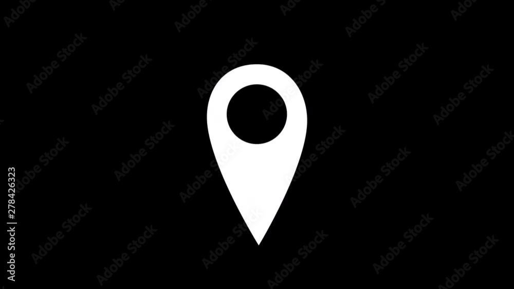A white location pin appears on a black background. ANIMATION.