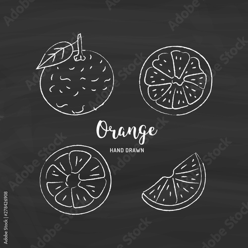 Orange fruit drawing, orange slices. Sketch of oranges with chalk on blackboard. Vector isolated illustration