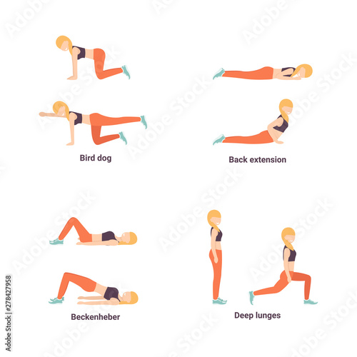 Happy woman character doing workout. Set beckenheber, bird dog, back extension, deep lunges exercise. Health, sport. Flat vector illustration. 
