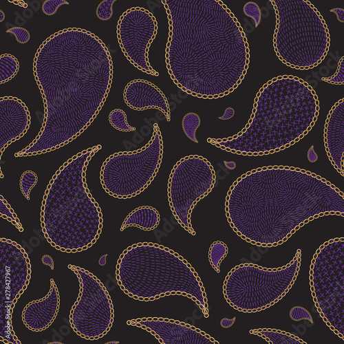 Vector seamless abstract Paisley pattern from golden chains and purple stitches on a black background. Luxury dark Batik fashion ornament, wallpaper, wrapping paper, Bohemian textile print, silk shawl