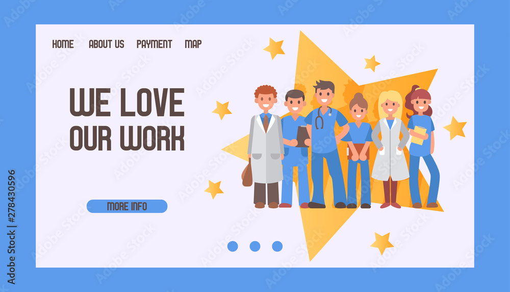 Doctors and medicine clinic main website page concept in flat style on star background vector illustration. Practitioner doctors man and woman in hospital or ambulance. Medical staff webpage.