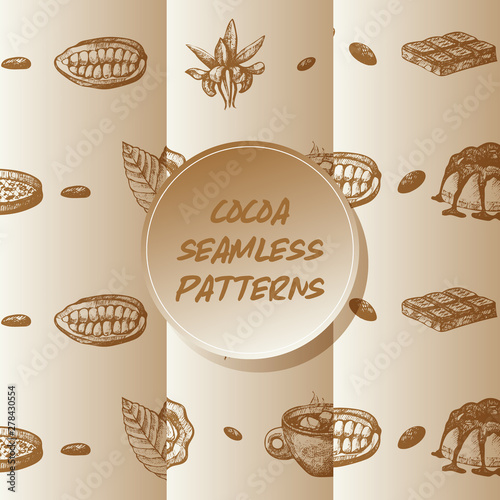 Cocoa beans seamless pattern vector illustration. Cocoa leaves, browny cake a...
