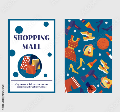 Shopping, sale or discount vector background for the online store, shop or promotional leaflet, promotion, poster. Shopping bags and goods two sides banner.
