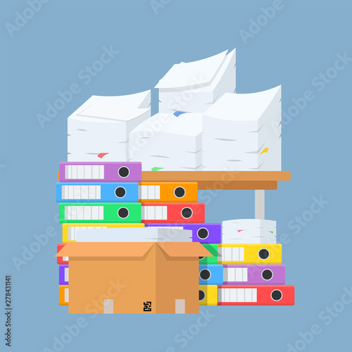 Stack of many color document folders, paper and cardboard box on office table for design, stock vector illustration