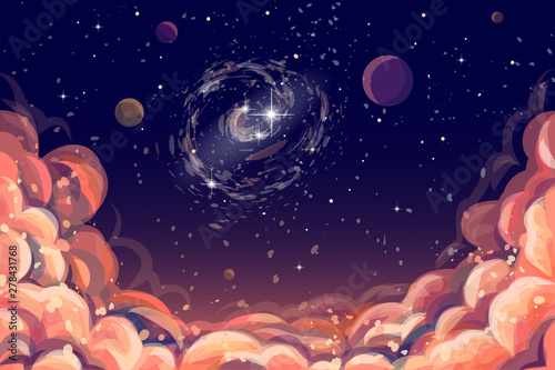  Color, hand-drawn image of clouds and a starry sky with planets and a galaxy.