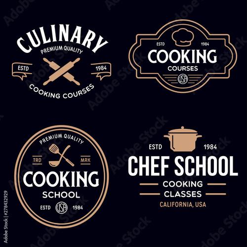 Set of vintage retro handmade badges, labels and logo elements, retro symbols for cooking school, culinary courses, food or home cooking.