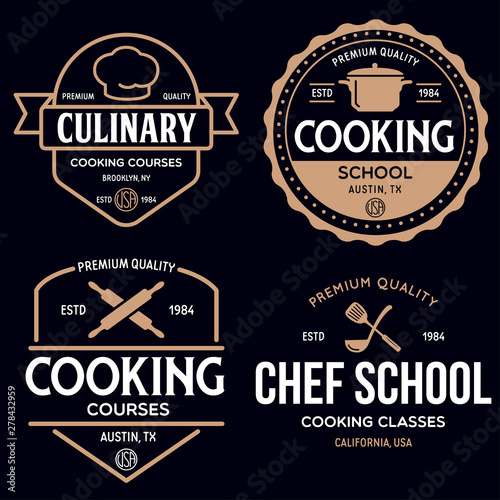 Set of vintage retro handmade badges, labels and logo elements, retro symbols for cooking school, culinary courses, food or home cooking.
