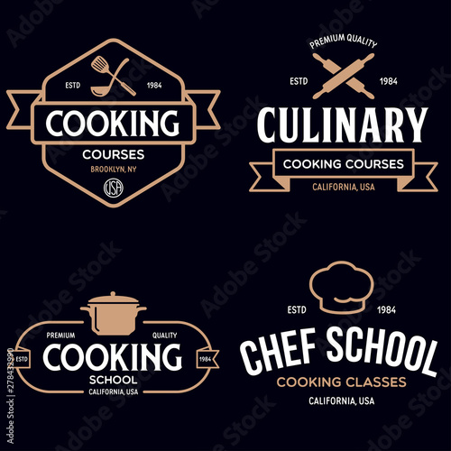 Set of vintage retro handmade badges, labels and logo elements, retro symbols for cooking school, culinary courses, food or home cooking.