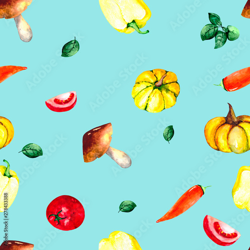 Watercolor pattern with fresh vegetables  tomatoes  peppers  pumpkins and fresh Basil. Bright illustration for Wallpaper  textiles  packaging and backgrounds on the theme of fresh food.