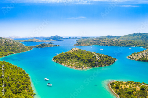 Fototapeta Naklejka Na Ścianę i Meble -  Aerial view of the blue bay and small islands in nature park Telascica, Croatia, Dugi otok island