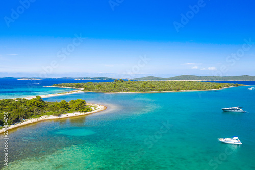 Beautiful seascape on Adriatic in Croatia, Dugi otok archipelago, yachts anchored in blue bays © ilijaa
