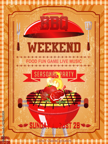 BBQ party invitation template on yellow pattern with grunge. Summer Barbecue weekend flyer. Grill illustration with food and grill elements. Vector design for celebration, invitation, greeting card.