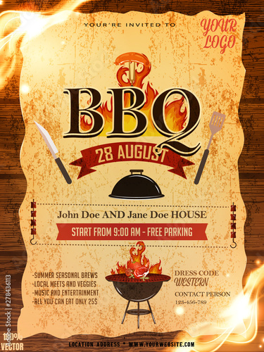 BBQ party invitation template with pattern elements on yellow with grunge. Party Barbecue weekend flyer. Grill illustration with food and grill. Vector design for celebration, invitation.