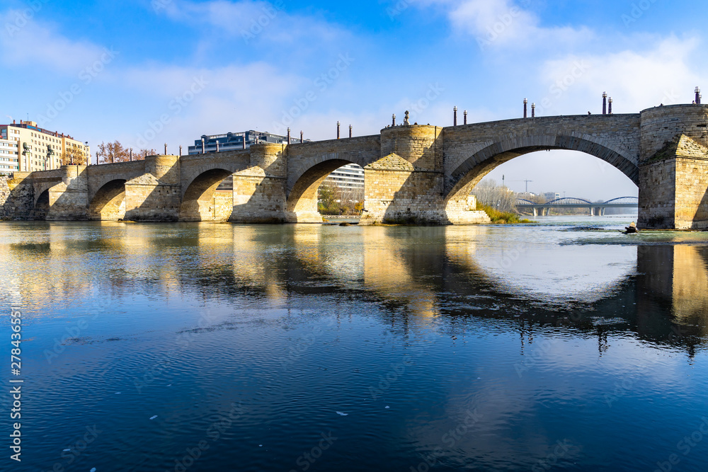 View of Puente de Piedra, a bridge across the river Ebro, Zaragoza, Aragon, Spain,