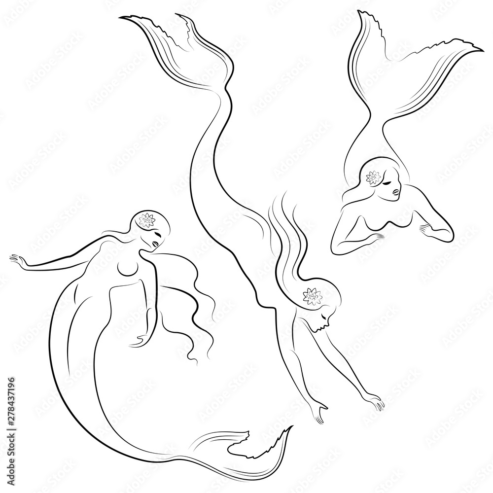Collection. Silhouette of a mermaid. Beautiful girl swims in the water. The lady is young and slim. Fantastic image of a fairy tale. Vector illustration set. Collection. Silhouette of a mermaid. Beautiful girl swims in the water. The lady is young and slim. Fantastic image of a fairy tale. Vector illustration set.