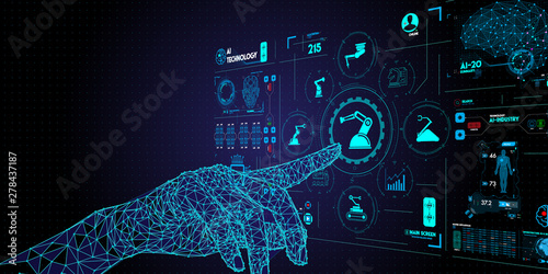 Low polygon hand check and control welding robotics automatic arms icon with machine in intelligent factory automotive industrial with UI monitoring system software.