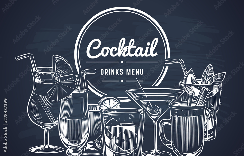 Sketch cocktail background. Hand drawn alcohol cocktails drinks bar menu, cold drinking restaurant beverages set. Vector design - obrazy, fototapety, plakaty 