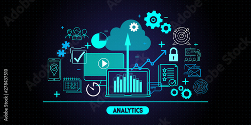 Business data analytics process management with KPI financial charts and graph and automated marketing dashboard.