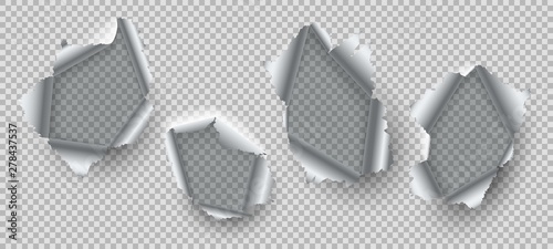 Metal hole. Ripped edges of damaged steel, burst metal with ragged torn holes. Open destruction fissures realistic vector set
