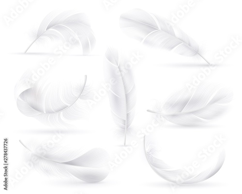 Realistic white feathers. Falling fluffy twirled bird or angel wings feathers. Flying, floating decorative feather vector set