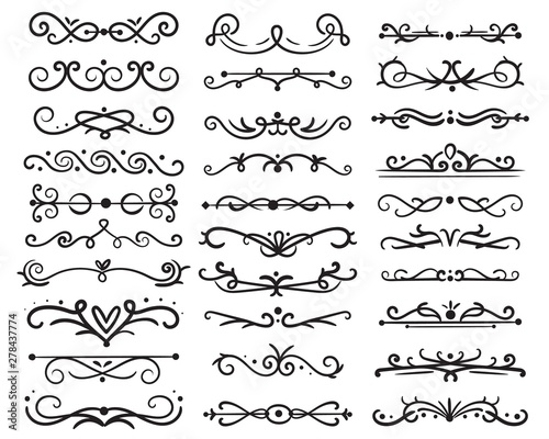 Decorative swirls dividers. Old text delimiter, calligraphic swirl ornaments and vintage divider, retro borders. Isolated vector set