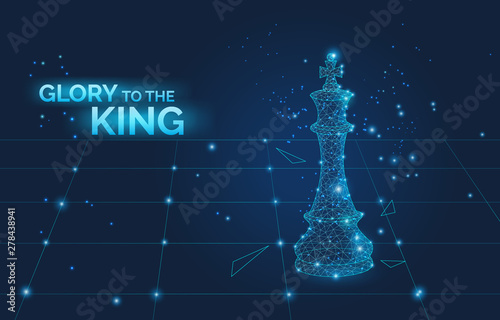 glory to the king sign and low poly chess king on chess board, business strategy and leadership symbol dark vector illustration.