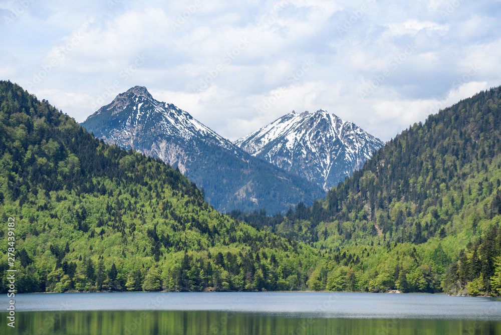 View of the Alps from the lake of Schwangau