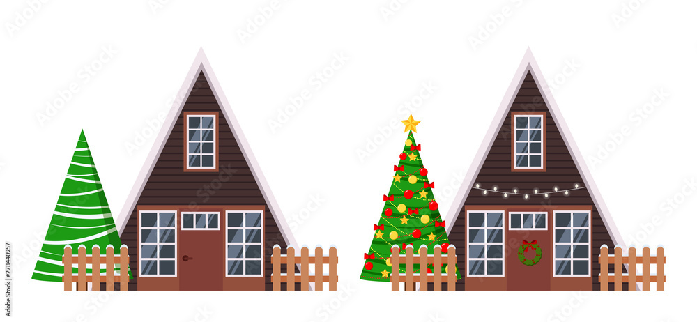 Set of isolated rural farm wood a-frame houses with fences decorated garland and wreath, spruces, christmas tree