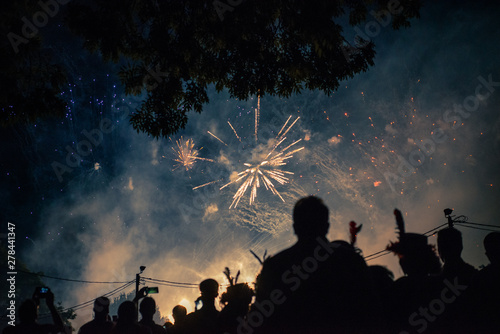 Fireworks, smoke and crowd silhouette celebrating