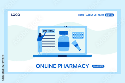 Medical web page concept. Web page design template of online pharmacy. Woman choosing meds online.  Modern vector illustration designs for website development