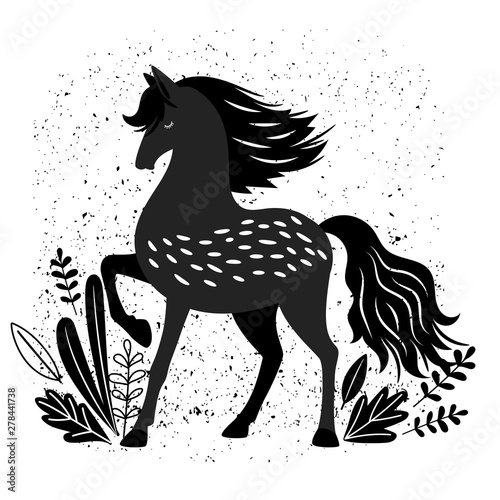 Beautiful black horse vector illustration isolated on white. Stallion or mustang graphic monochrome