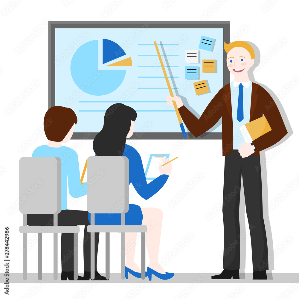 Flat Cartoon startup businessman showing presentation. Entrepreneur explaining business concept. Manager instructing employees. Company education, teamwork and leadership coaching