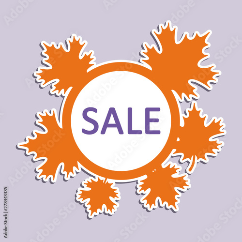 A circle-shaped sticker with maple leaves and a writing "SALE"