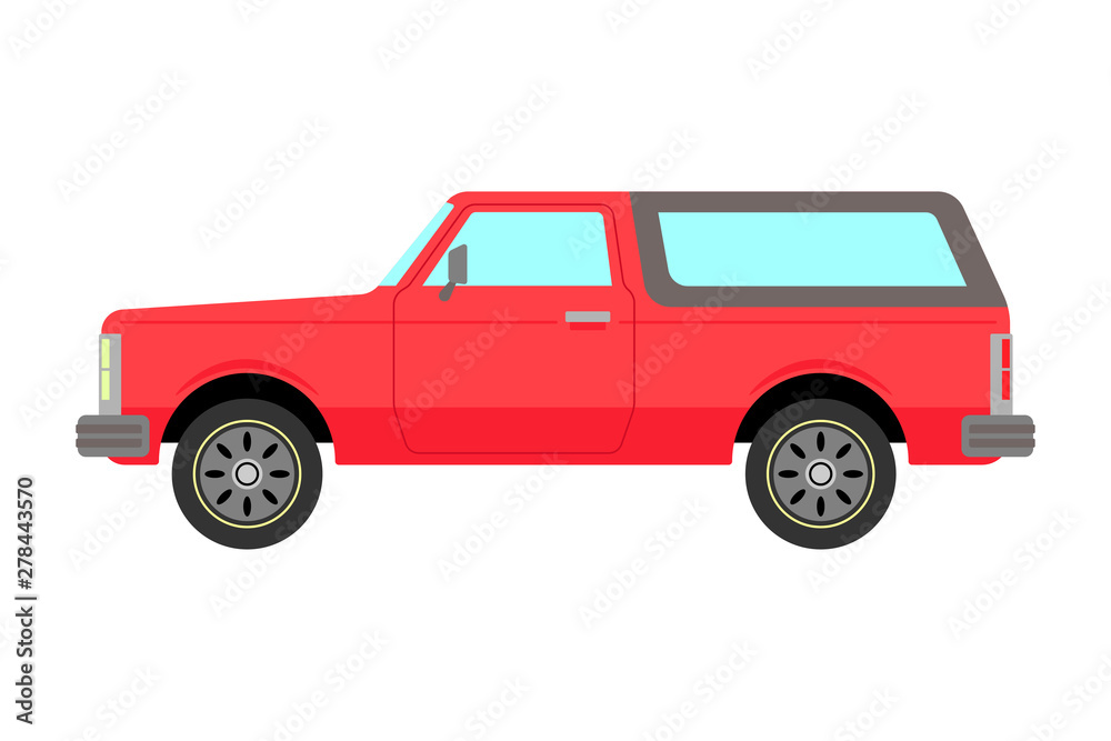 Classic pickup. Old red SUV. Side view. Vector drawing. Isolated object on white background. Isolate.