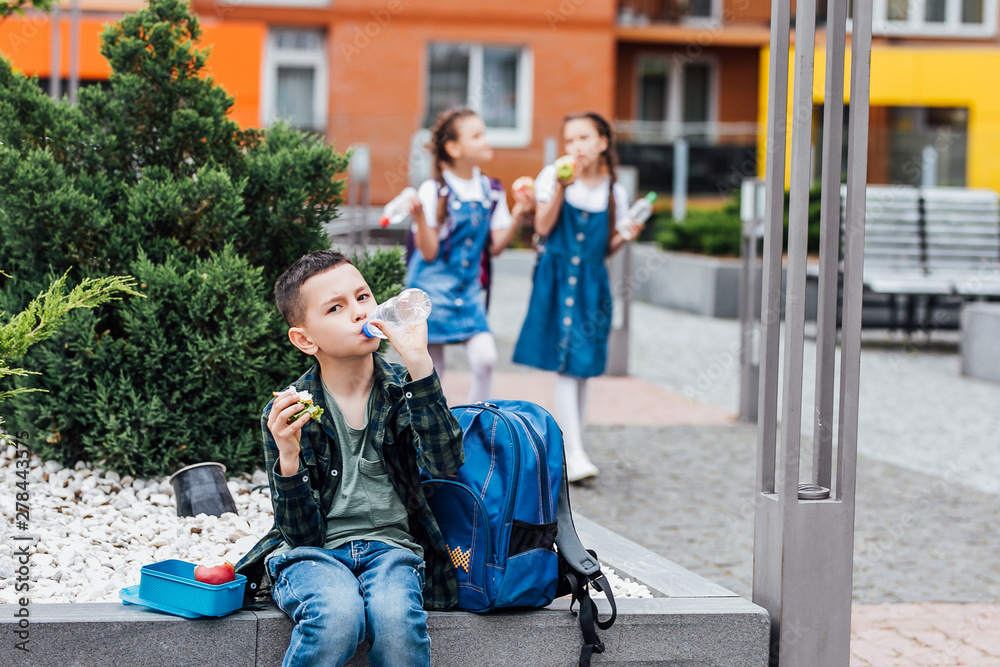 Fototapeta premium Boy eating outdoors the school from plastick lunch boxe. Healthy school breakfast for child. Food for lunch, lunchboxes with sandwiches, fruits, vegetables, and water.