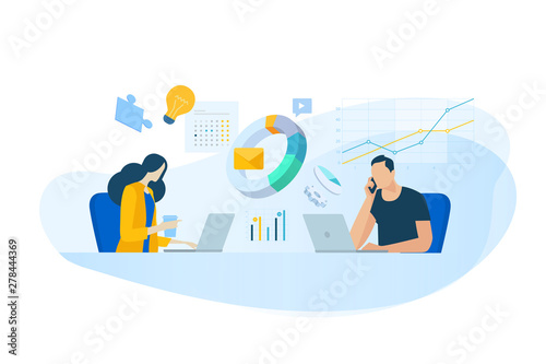 Flat design concept of business analysis, project management, market research. Vector illustration for website banner, marketing material, business presentation, online advertising.