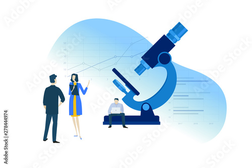 Flat design concept of market research, data analysis. Vector illustration for website banner, marketing material, business presentation, online advertising.