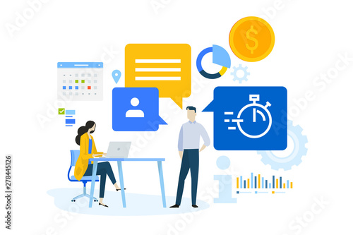 Flat design concept of business management software  data analysis  task management. Vector illustration for website banner  marketing material  business presentation  online advertising.