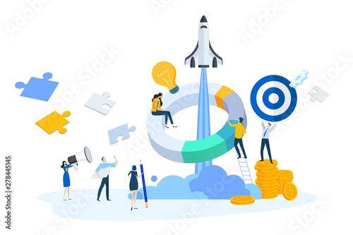 Flat design concept of startup, business plan, launch product or service, teamwork. Vector illustration for website banner, marketing material, business presentation, online advertising.