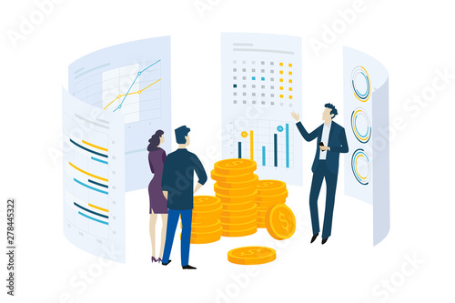 Flat design concept of investment, stock exchange, finance, consulting. Vector illustration for website banner, marketing material, business presentation, online advertising.