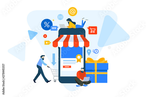 Flat design concept of m-commerce, online shopping. Vector illustration for website banner, marketing material, business presentation, online advertising.