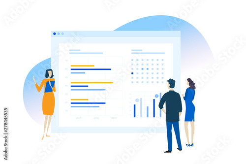 Flat design concept of business app, data analysis, CRM. Vector illustration for website banner, marketing material, business presentation, online advertising.