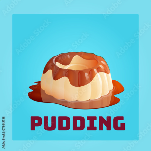 Homemade vanilla pudding. Custard jelly dessert on blue background. Vector illustration.