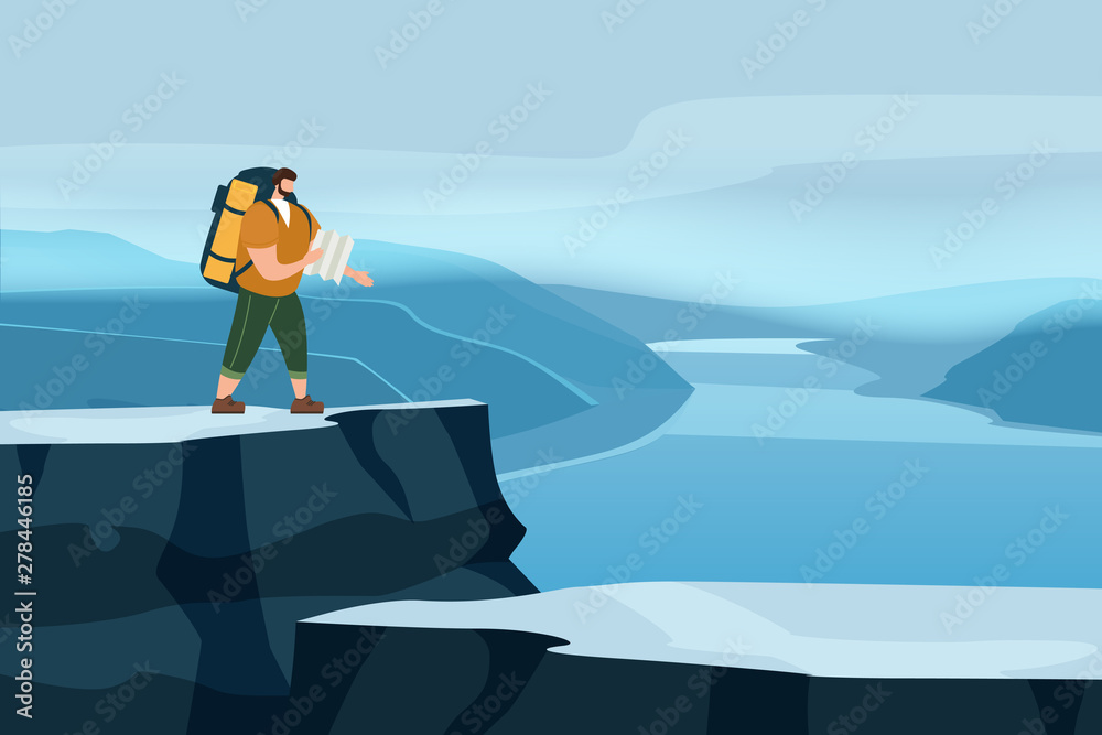 Obraz premium Tourist man with map and backpack performing outdoor touristic activity