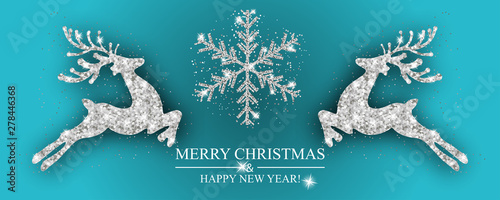 Christmas pattern silver deer and snowflake. Xmas decoration with reindeer. Happy New Year blue background. Template for greeting card, banner or poster. Vector