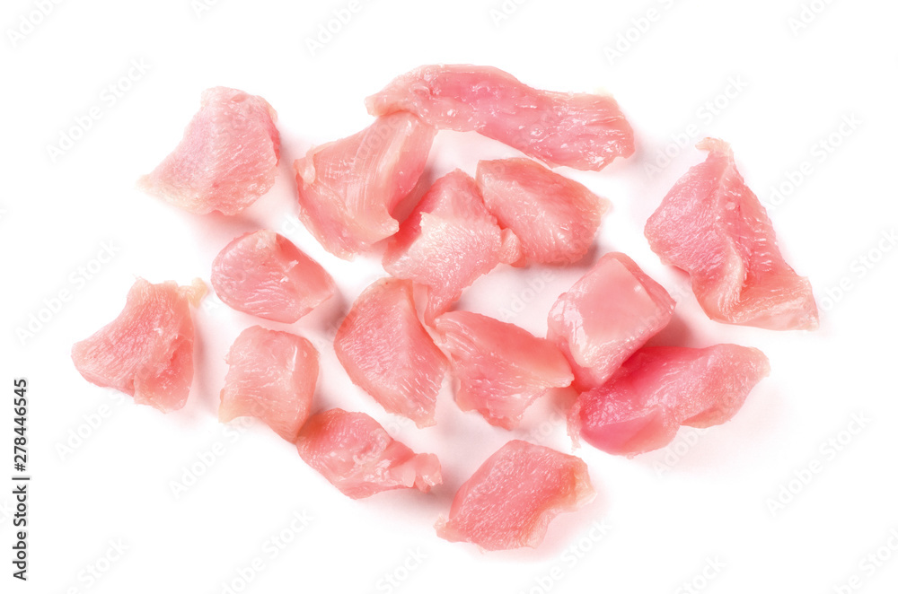 Top view of raw chicken fillet chunks isolated