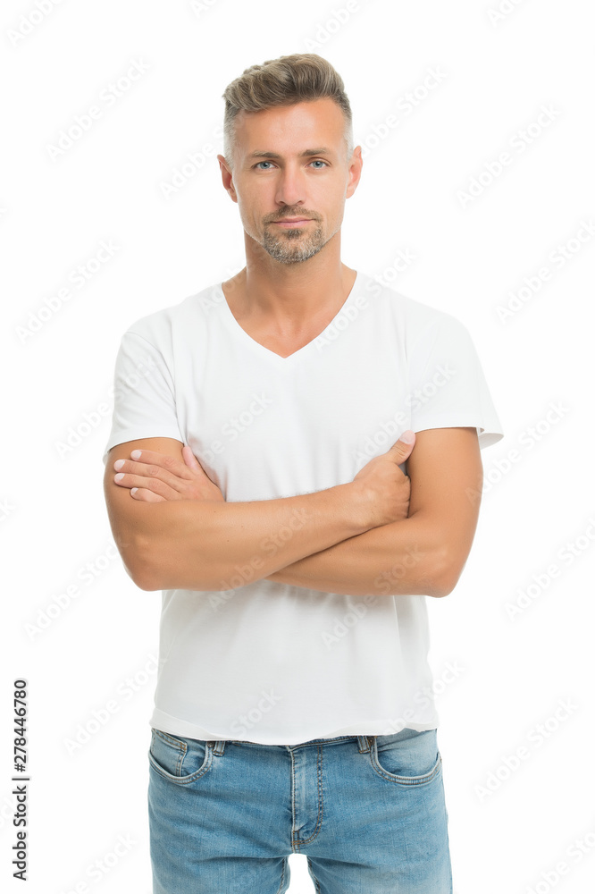 Perfect casual street style. Handsome man keeping arms crossed in casual wear isolated on white. Confident guy wearing casual summer trend. Styling casual wear for men Perfect casual street style. Handsome man keeping arms crossed in casual wear isolated on white. Confident guy wearing casual summer trend. Styling casual wear for men